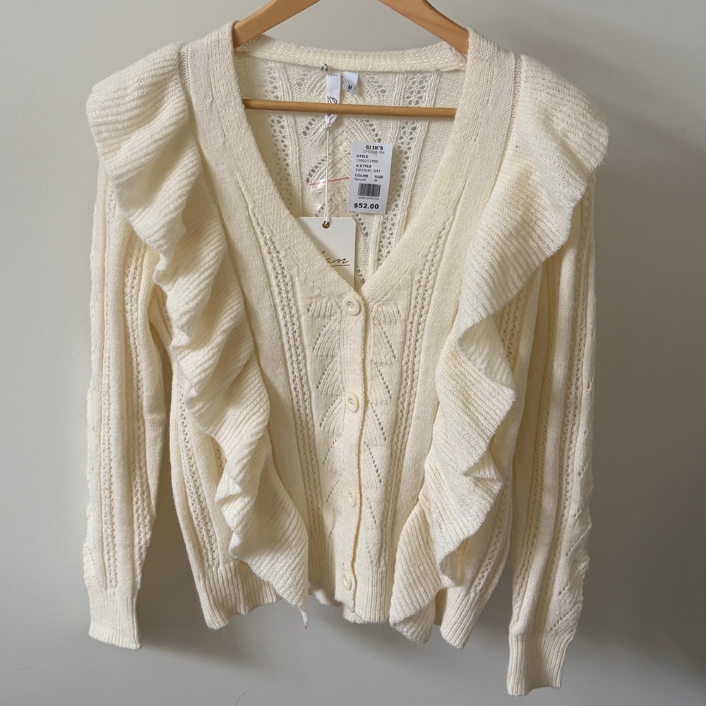 Elan Womens Natural Cream Ruffle Pointelle Knit V-Neck Cardigan Sweater M